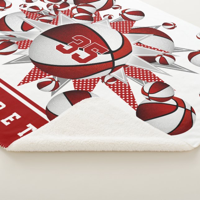 Cobertor Sherpa meninas, estrelas brancas de basquete vermelhas pe (3/4)