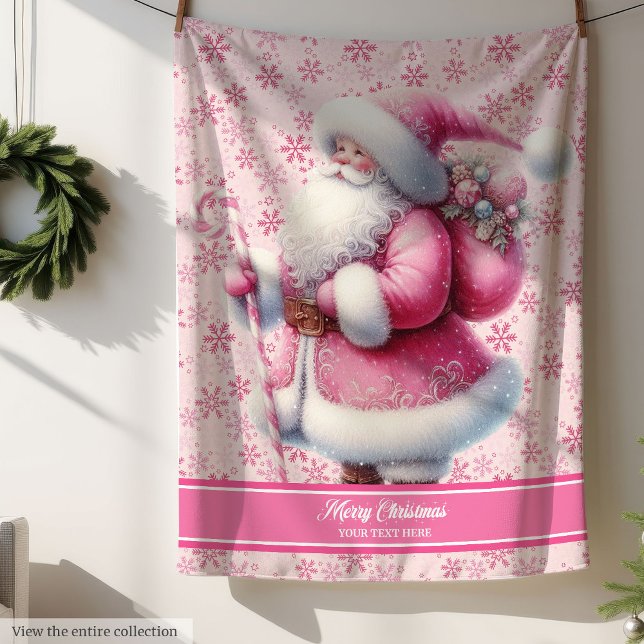 Cobertor Sherpa Meninas Rosa Papai Noel em Branco Nome de Pinkmas  (Girls Pink Santa Claus Blanket Custom Pinkmas Name)