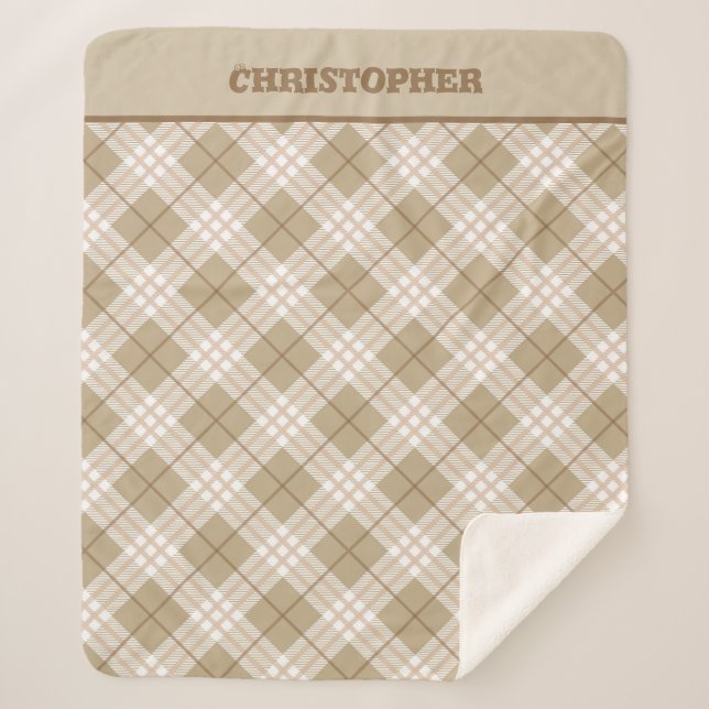 Cobertor Sherpa Meninos de Xadrez Castanho Personalizados Tan Beig (Frente)