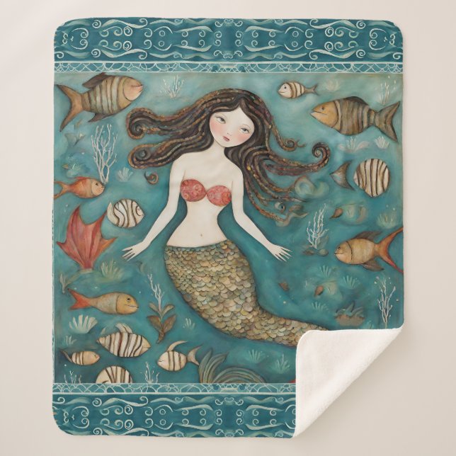 Cobertor Sherpa Mermaid Watercolor (Frente)