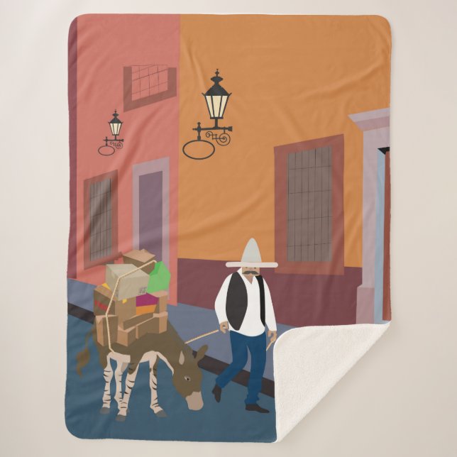 Cobertor Sherpa Mexicano com burro na cidade (Frente)