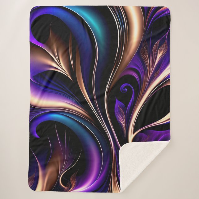 Cobertor Sherpa Midnight Bloom - Roxo Fundo, Azul Turquesa e Doura (Frente)