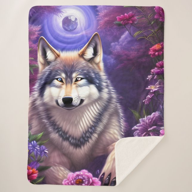 Cobertor Sherpa Midnight Howl Floral Wolf (Frente)