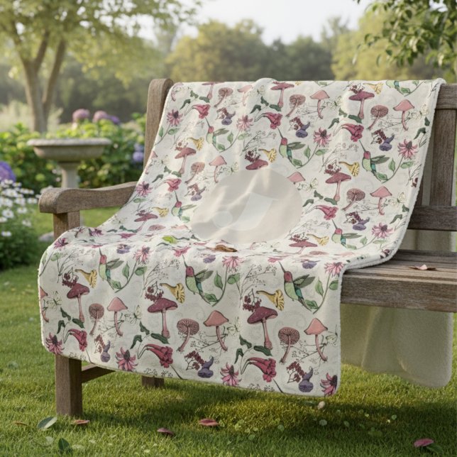 Cobertor Sherpa Modern Ivory Hummingbird Flowers Leaves (Elegant Nature Inspired Hummingbird Blankets. Ivory Colibri, Flowers Leaves Pattern Initial for Her)