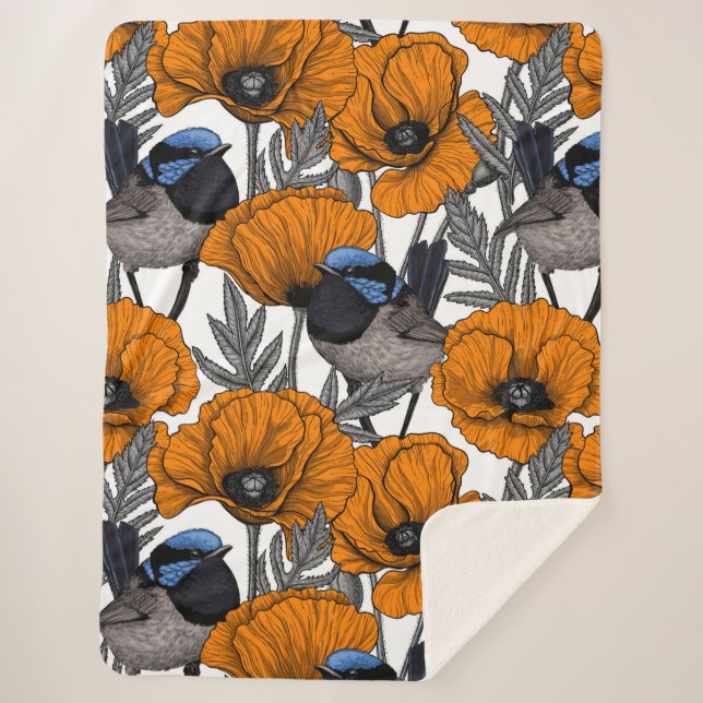 Cobertor Sherpa Moinhos de fada e flores de papoila laranja 2 (Frente)