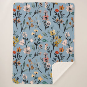 Cobertor Sherpa Molho Azul Boêmian Floral Watercolor Personalizado