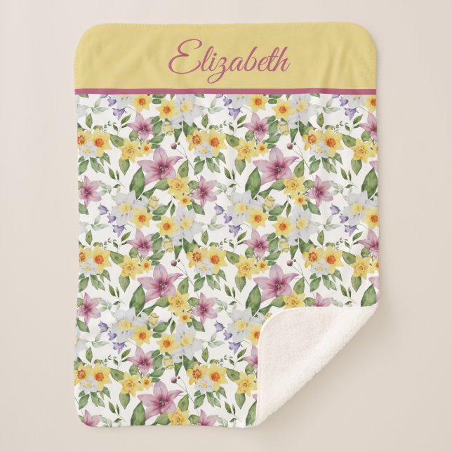 Cobertor Sherpa Monograma Amarelo Amarelo Branco Verde Floral (Frente)