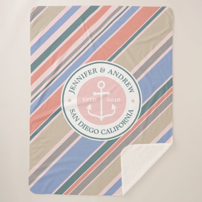 Cobertor Sherpa Monograma Anchor Trendes Stripes Náuticas Rosa (Frente)