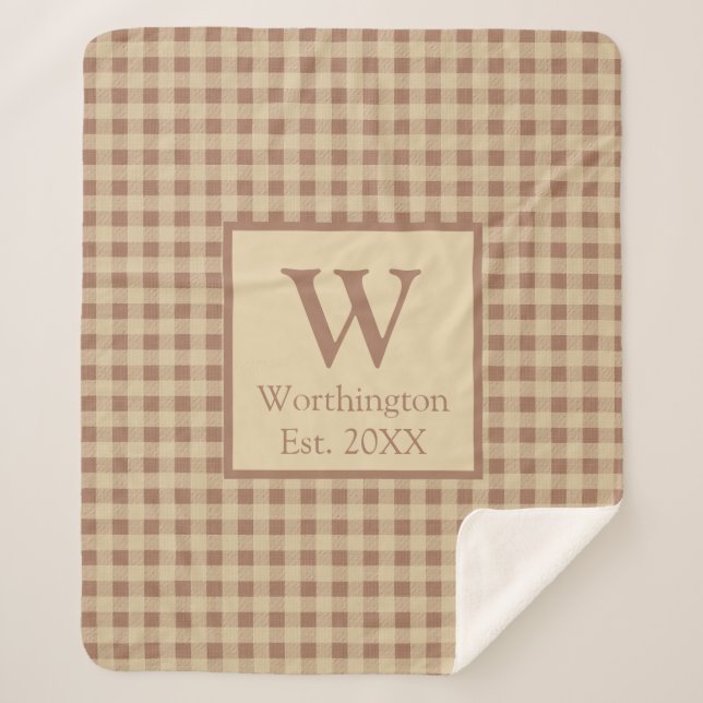 Cobertor Sherpa Monograma Beige Rust Xadrez Buffalo País Russo (Frente)