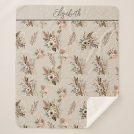 Cobertor Sherpa Monograma Boho Bege Verde Rosa Floral Botânico 