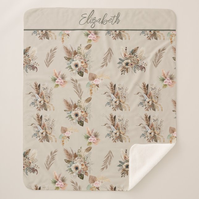 Cobertor Sherpa Monograma Boho Beige Botânica Floral Verde Rosa (Frente)