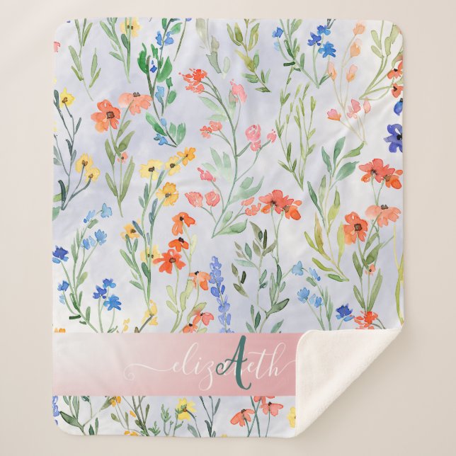 Cobertor Sherpa Monograma Colorido de Prados de Primavera (Frente)