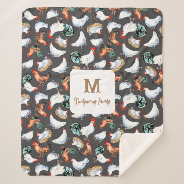 Cobertor Sherpa Monograma da Casa Farmônica da Família de Galinhas (Frente)