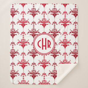 Cobertor Sherpa Monograma da Trendy White e Red Damask