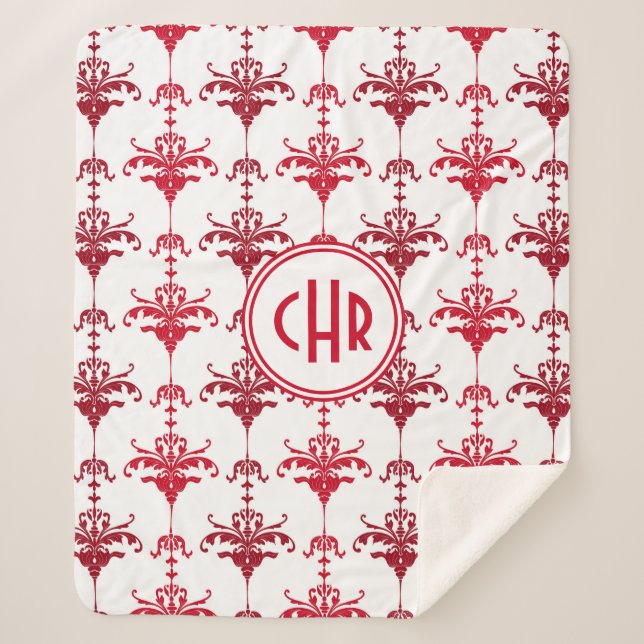 Cobertor Sherpa Monograma da Trendy White e Red Damask (Frente)