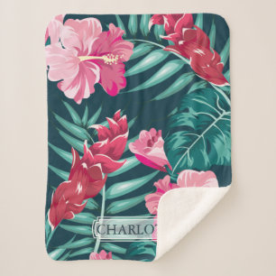 Cobertor Sherpa Monograma das flores exóticas cor-de-rosa