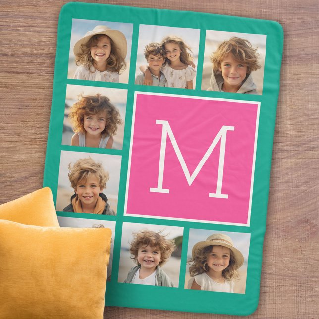 Cobertor Sherpa Monograma de Colagem de Fotografias Teal e Rosa Qu (Personalized sherpa blanket with photos and text)