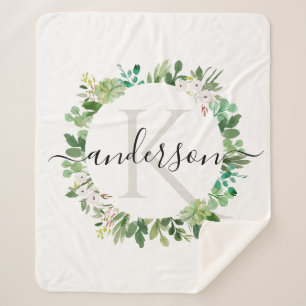 COBERTOR SHERPA MONOGRAMA DE COR DA FOLIAGEM DE WREATH SUCCULENTA