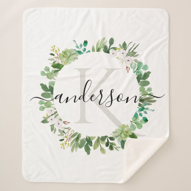 COBERTOR SHERPA MONOGRAMA DE COR DA FOLIAGEM DE WREATH SUCCULENTA  (Frente)