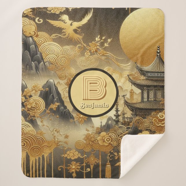 Cobertor Sherpa Monograma de Desvio de Ouro Falsa de Pintura Chine (Frente)