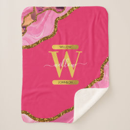 Cobertor Sherpa Monograma de Glitter de Geodo de Agato Rosa e Dour