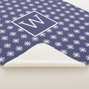 Cobertor Sherpa Monograma de Natal White Snow Crystal Marinho Blue