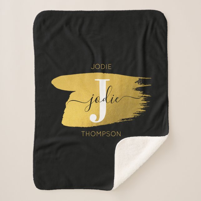 Cobertor Sherpa Monograma de Script Preto e Dourado Moderno Inicia (Frente)
