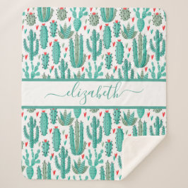 Cobertor Sherpa Monograma do padrão branco verde Cactus