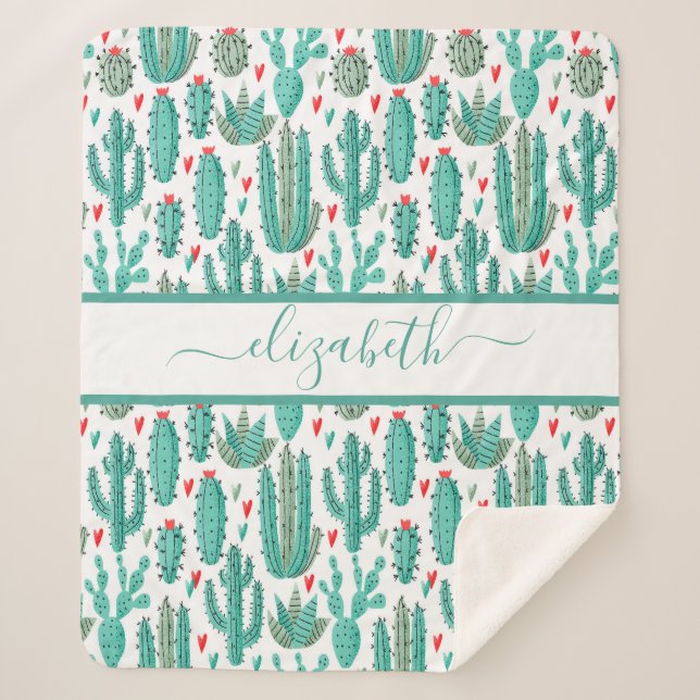 Cobertor Sherpa Monograma do padrão branco verde Cactus (Frente)