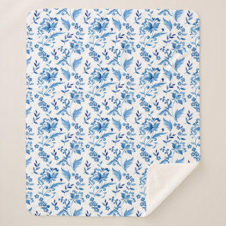 Cobertor Sherpa Monograma Elegante Padrão Floral Azul Vintage
