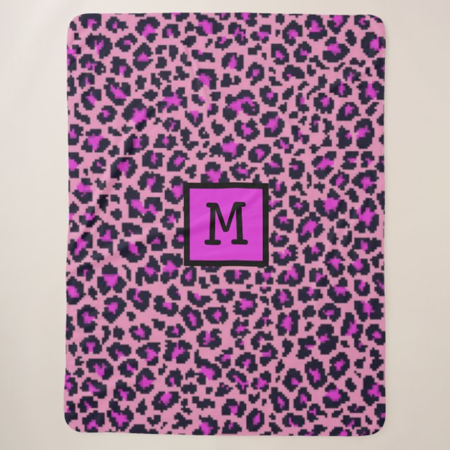 Cobertor Sherpa Monograma Leopard Impressão inicial Roxo (Frente)