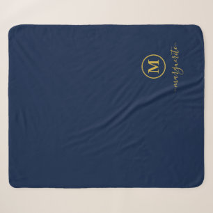 Cobertor Sherpa Monograma marinho Azul e Dourado