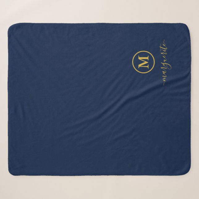 Cobertor Sherpa Monograma marinho Azul e Dourado (Frente (Horizontal))