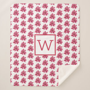 Cobertor Sherpa Monograma Natal Red Poinsetta Floral White