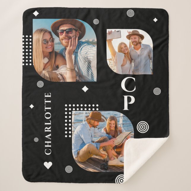 Cobertor Sherpa Monograma Nome 3 Tendência de Colagem de Fotos (Frente)