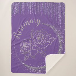 Cobertor Sherpa Monograma Nome Silver Glitter e Rosas em roxo |