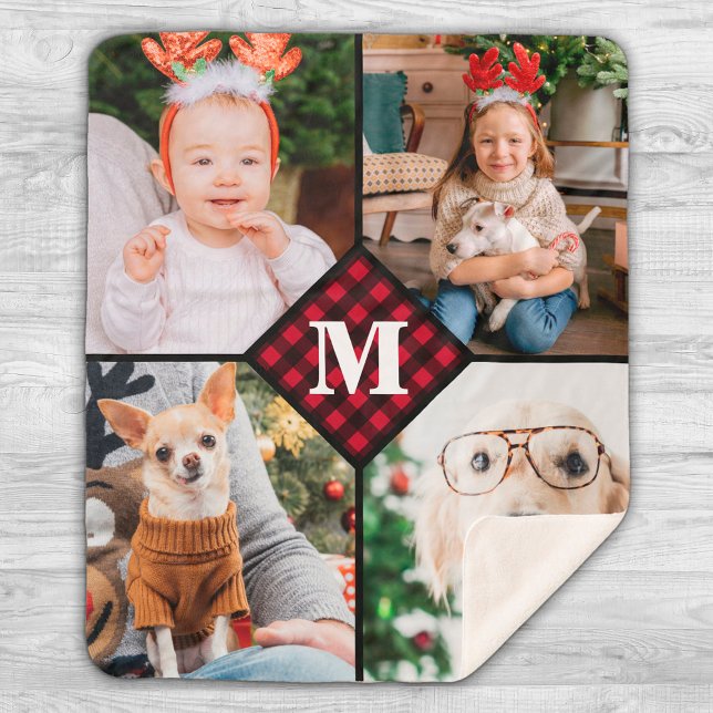 Cobertor Sherpa Monograma Personalizado de Xadrez Vermelha de Buff (Criador carregado)