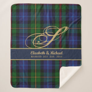 Cobertor Sherpa Monograma Smith Tartan Blue Green Newlyweds