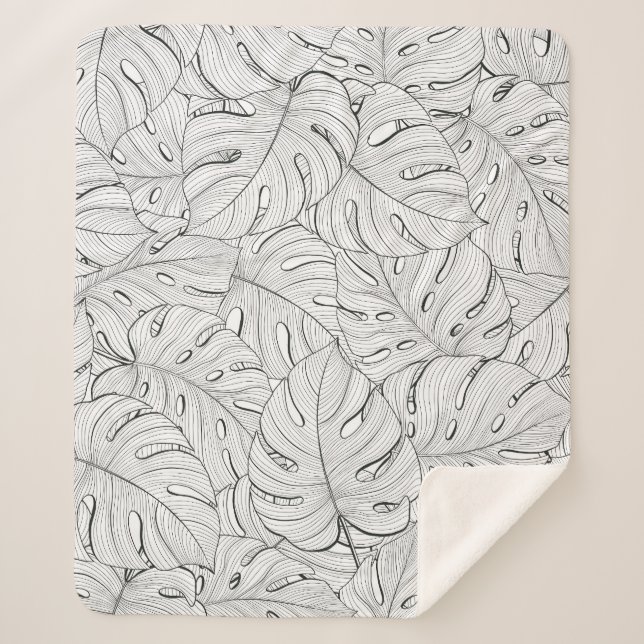 Cobertor Sherpa Monstera deixa padrão branco preto (Frente)