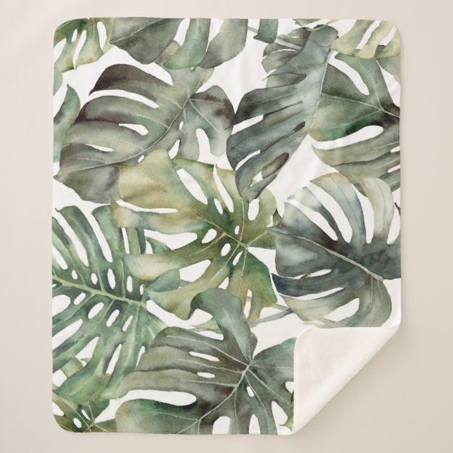 Cobertor Sherpa Monstera Tropical Grande Padrão de Aquarela (Frente)