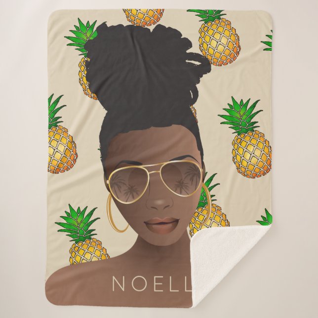 Cobertor Sherpa Mulher Negra, Matilhas Douradas, Padrão de Abacaxi (Frente)