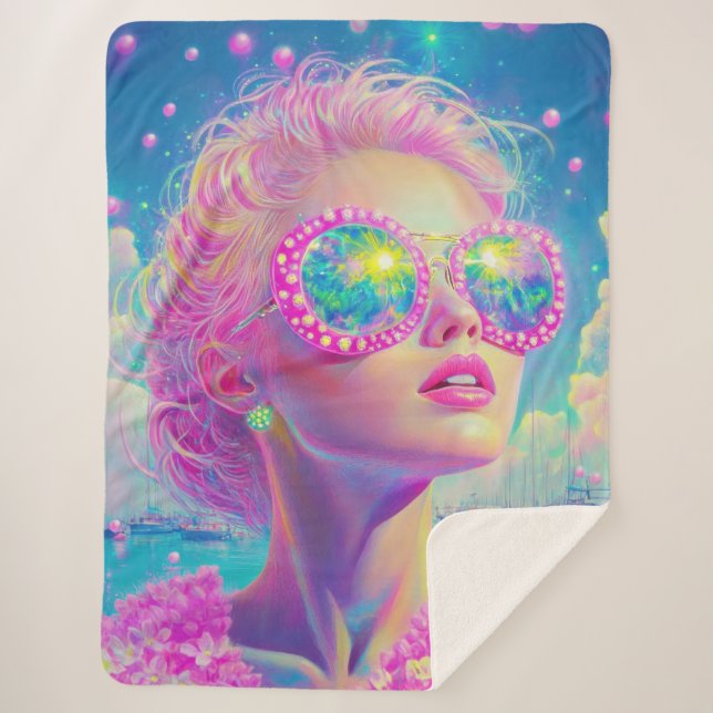 Cobertor Sherpa Mulher Neon Glamorosa com Óculos Espumantes (Frente)