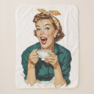 Cobertor Sherpa Mulher Retro Alegre Disfrutando Café