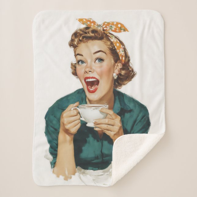 Cobertor Sherpa Mulher Retro Alegre Disfrutando Café (Frente)