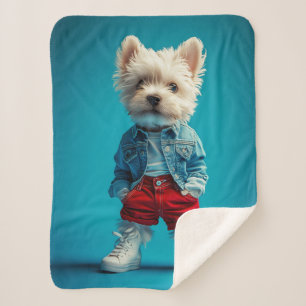 Cobertor Sherpa Na moda Westie Pup em Denim e Sneakers