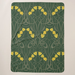 Cobertor Sherpa Narcisos Amarelos Art Nouveau e Caules Verde