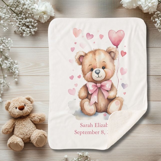 Cobertor Sherpa Nascentes Stats Teddy Bear Pink Hearts Arco Girl (Teddy Bear with Pink bow and hearts baby girl Sherpa Baby Blanket. Personalized with name birthday)