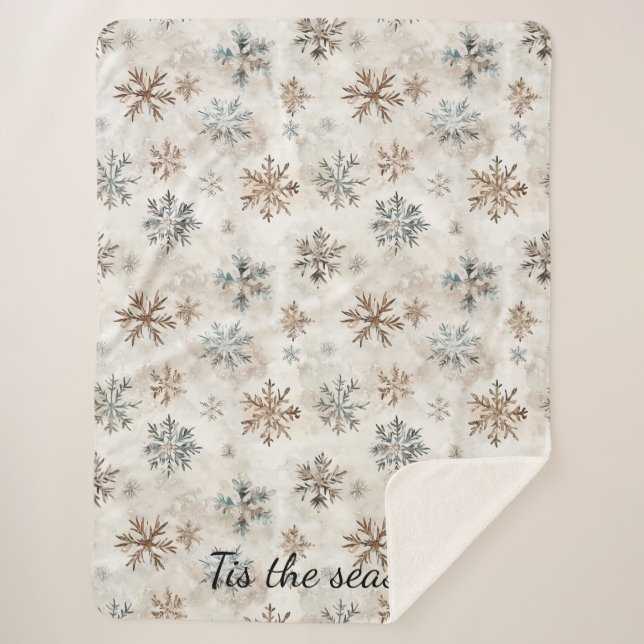 Cobertor Sherpa Natal Flocos de Neve Azul Marrom Creme (Frente)