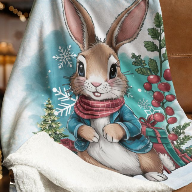 Cobertor Sherpa Natal para Cony Watercolor (Winter Bunny Watercolor Christmas Sherpa Blanket
)