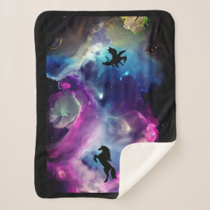 Cobertor Sherpa Nebulosa Espacial Fantástica Dragão Unicórnio Rosa